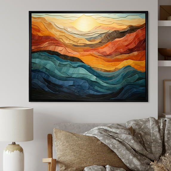 Designart "Coral Blue Bold Mountains Landscape" Modern Floater Framed Canvas Wall Art