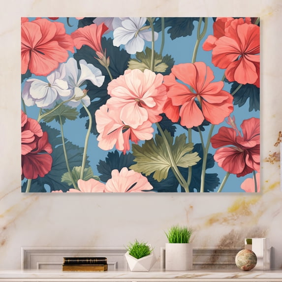 Designart "Coral Blue Geraniums Flower Euphony Melodic Blossoms" Geraniums Metal Wall Art