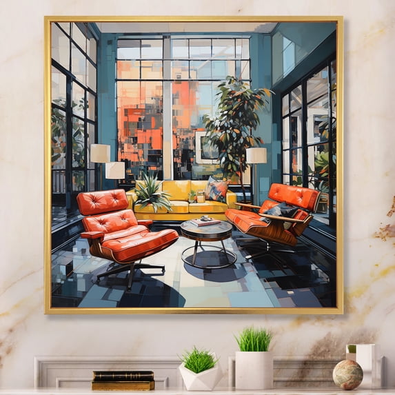 Designart "Coral Blue Mid Century Vintage Chair Vibes" Mid-century Floater Framed Canvas Print