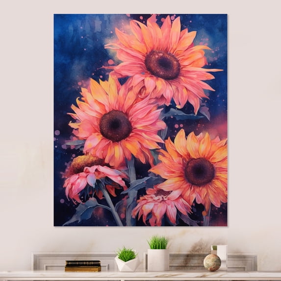 Designart "Coral Blue Sunflower Golden Coastal Sunflowers" Sunflowers Metal Art Print
