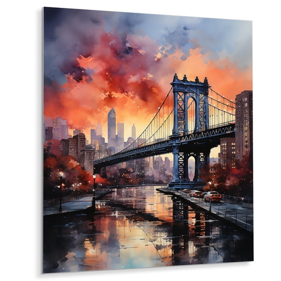 Designart "Coral Bridge City horizon I" Bridges Metal Wall Decor
