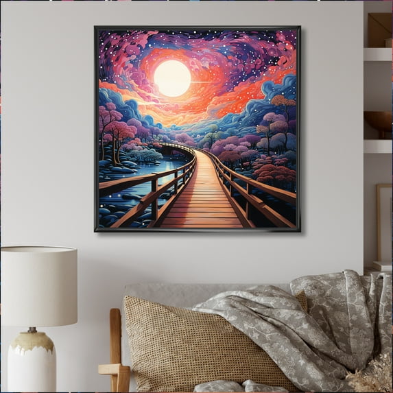 Designart "Coral Bridge Dreamy Passage Painting I" Pointillism Floater Framed Wall Art Living Room