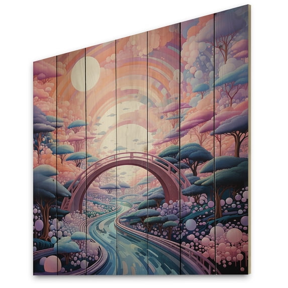 Designart "Coral Bridge Dreamy Passage Painting II" Pointillism Print on Natural Pine Wood