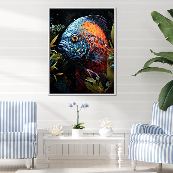 Designart "Coral Butterfly Fish Expedition" Animals Framed Wall Art - Modern Blue Butterfly Fish Entryway Framed Wall Art