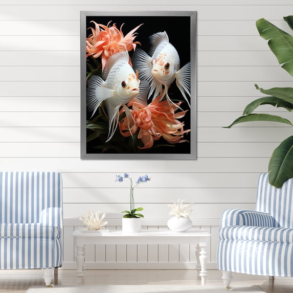 Designart "Coral Classical Butterfly Fish Symphony" Animals Framed Wall Art - Modern Coral Butterfly Fish Bedroom Framed Canvas Wall Art