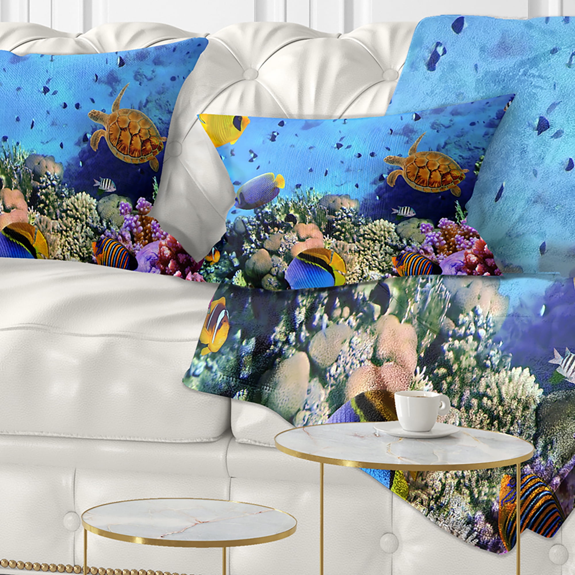 Designart Coral Colony and Coral Fishes - Seascape Throw Pillow - 12x20