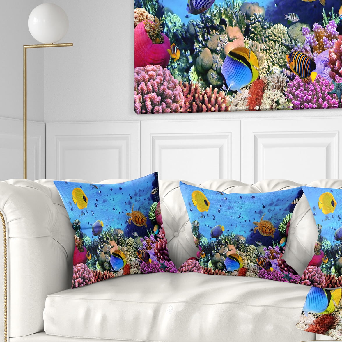 Designart Coral Colony and Coral Fishes - Seascape Throw Pillow - 18x18