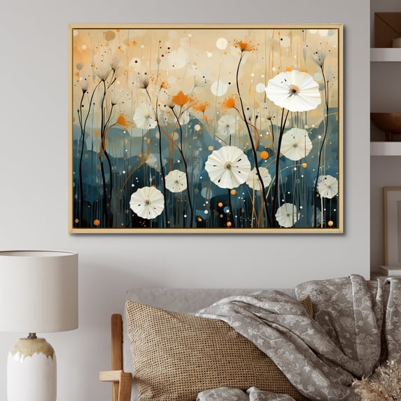 Designart "Coral Dandelion Floral Euphony I" Floral Floater Framed Wall Art Print