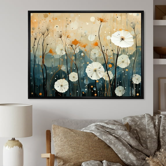 Designart "Coral Dandelion Floral Euphony I" Floral Floater Framed Wall Art Print