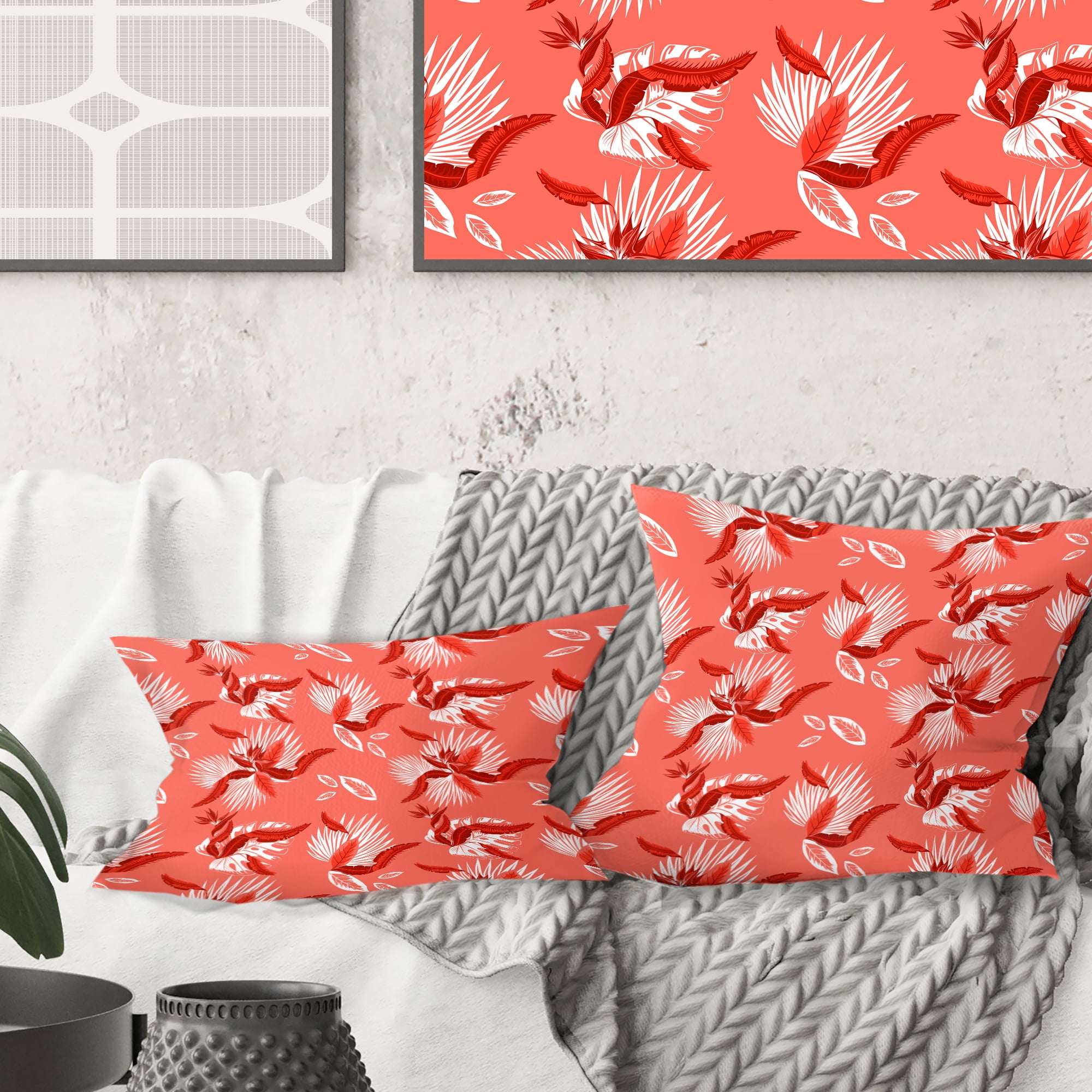 Designart Coral Flowers Of Bird Of Paradise ' Mid-Century Modern Throw Pillow - 16x16