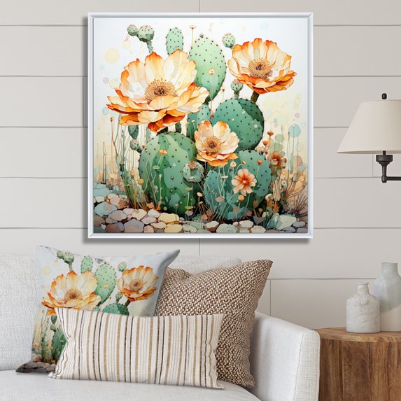 Designart "Coral Green Cactus Desert Blooms Painting I" Floral Floater Framed Canvas Print