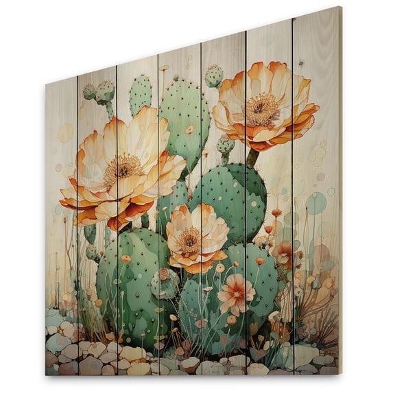 Designart "Coral Green Cactus Desert Blooms Painting I" Floral Print on Natural Pine Wood