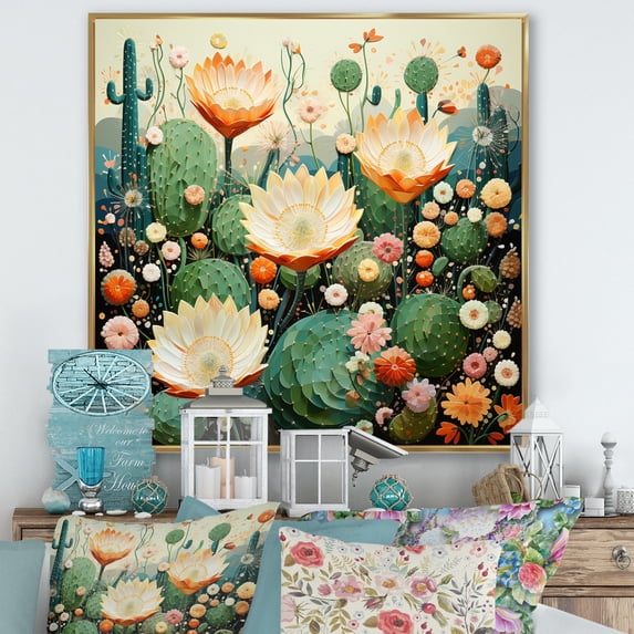 Designart "Coral Green Cactus Desert Blooms Painting II" Floral Floater Framed Wall Art Print