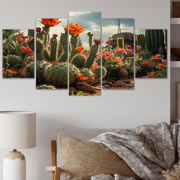 Designart "Coral Green Cactus landscape II" Floral Metal Art Print Set