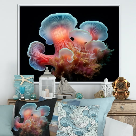 Designart "Coral Hue And Ebony Anemone Reef" Coastal Coral Under Water Floater Framed Canvas Prints