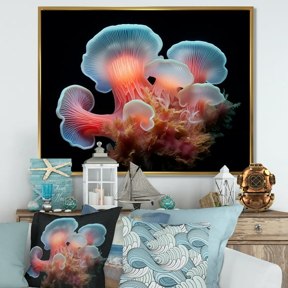 Designart "Coral Hue And Ebony Anemone Reef" Coastal Coral Under Water Floater Framed Canvas Prints