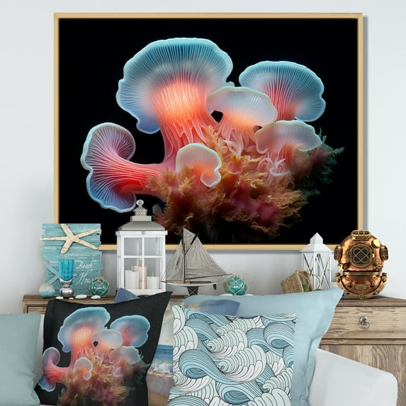 Designart "Coral Hue And Ebony Anemone Reef" Coastal Coral Under Water Floater Framed Canvas Prints