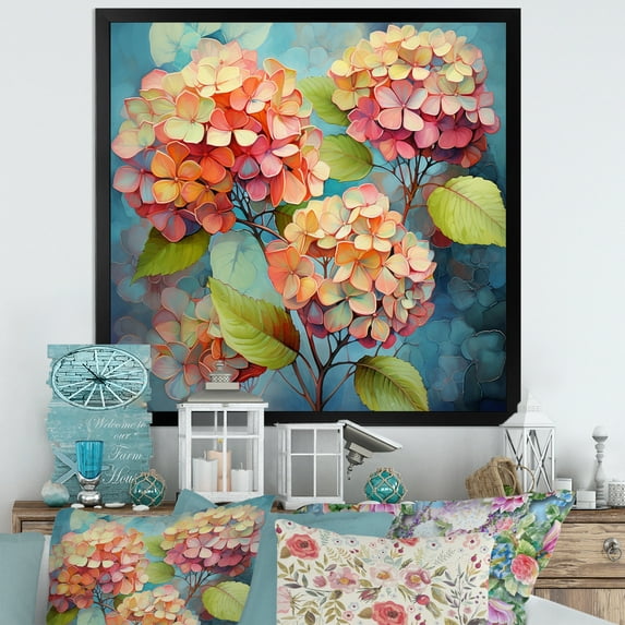 Designart "Coral Hydrangea curious " Floral Floater Framed Wall Decor