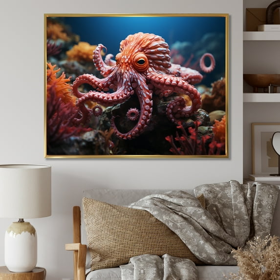 Designart "Coral Octopus peaceful Submersion I" Animals Floater Framed Canvas Print