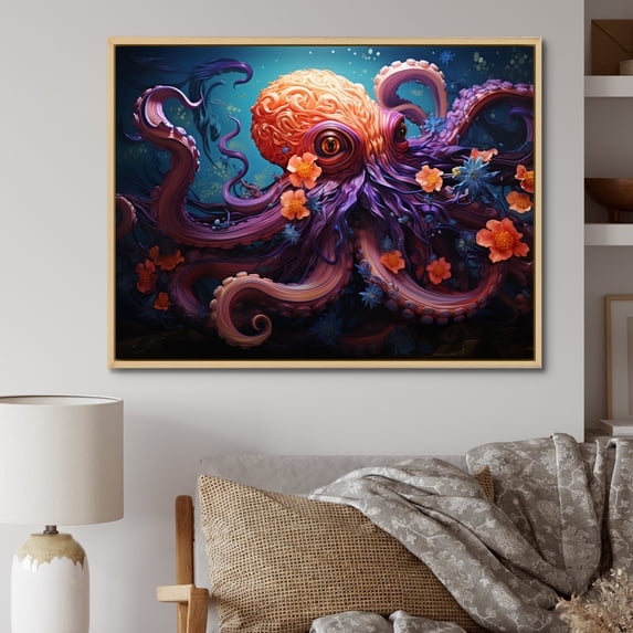 Designart "Coral Octopus peaceful Submersion V" Animals Floater Framed Wall Art Print