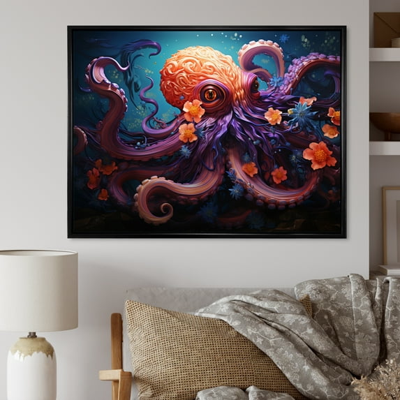 Designart "Coral Octopus peaceful Submersion V" Animals Floater Framed Wall Art Print