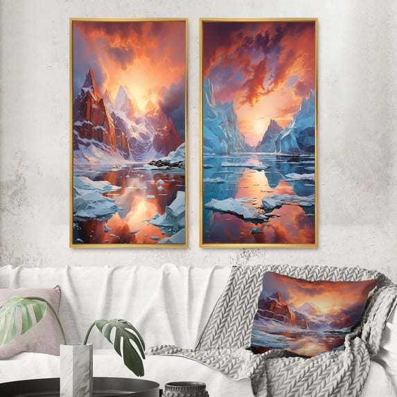 Designart "Coral Orange Iceberg Glacial Euphony II" Iceberg Framed Wall Art Set Of 2 - Coral Landscapes Framed Canvas Set For Living Room Decor