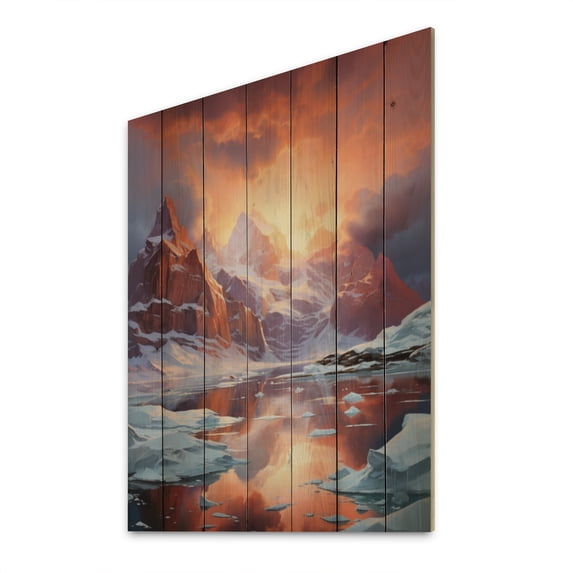 Designart "Coral Orange Iceberg Glacial Euphony II" Nautical & Beach Print on Natural Pine Wood