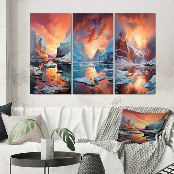 Designart "Coral Orange Iceberg Glacial Euphony III" Nautical & Beach Wall Art Set Of 3 - Coral Iceberg Gallery Set For Office Decor