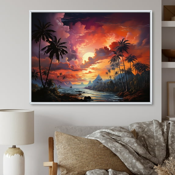 Designart "Coral Palm Trees horizon II" Palm Trees Floater Framed Canvas Art Print