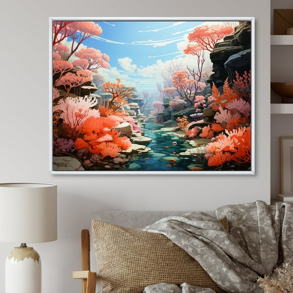 Designart "Coral Pastoral Coral Colorful wall decor II" Landscapes Floater Framed Canvas Wall Art