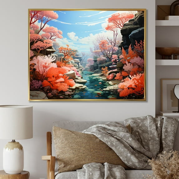 Designart "Coral Pastoral Coral Colorful wall decor II" Landscapes Floater Framed Canvas Wall Art