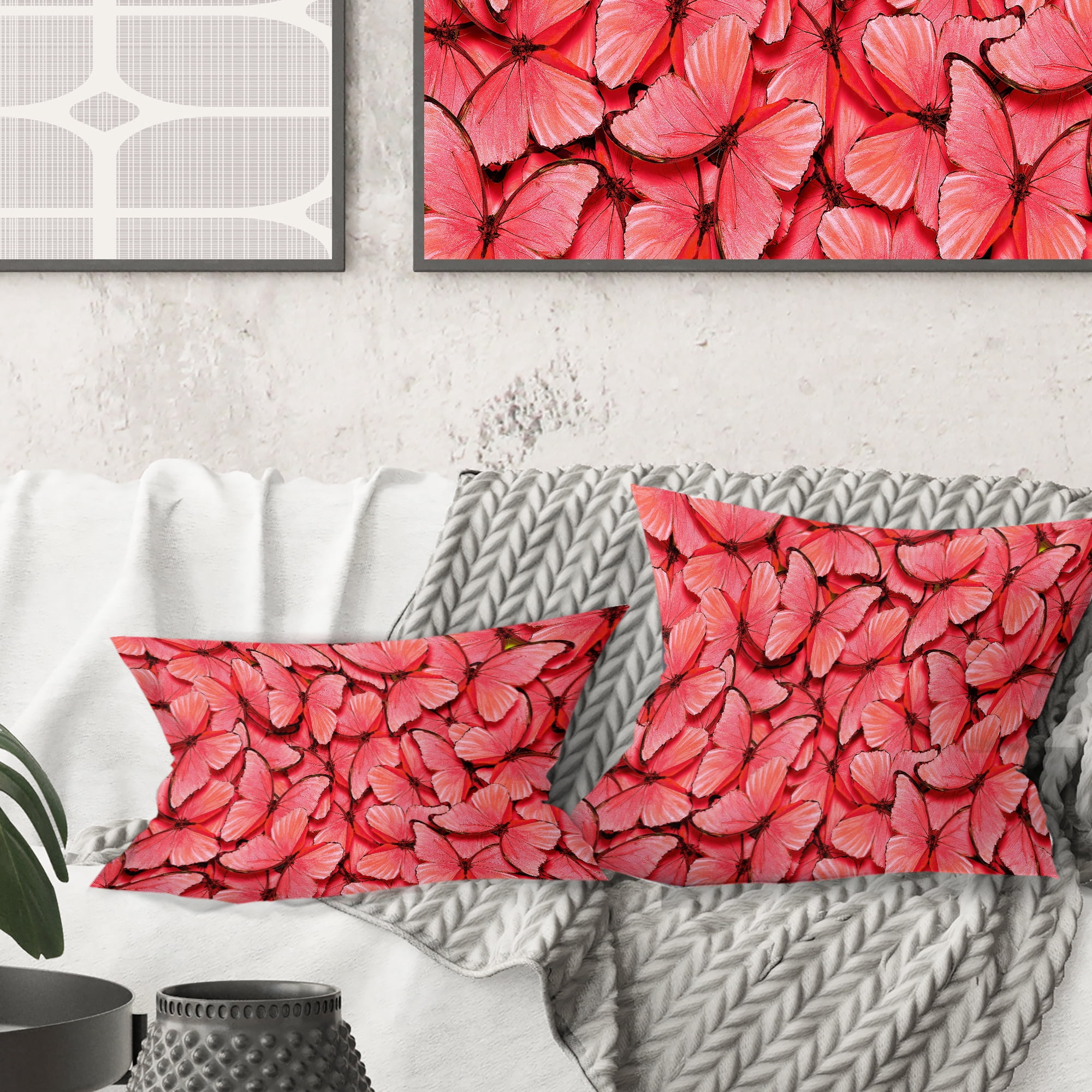 Designart Coral Pink Butterflies' Mid-Century Modern Throw Pillow - 16x16