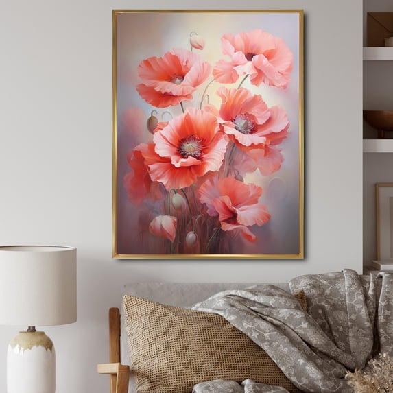Designart "Coral Poppies love expression V" Floral & Botanical Floater Framed Wall Decor