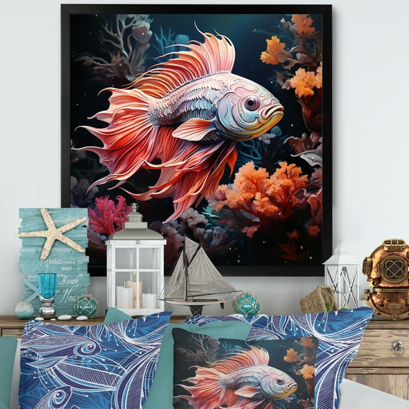 Designart "Coral Reef Fish in Multicolor II" Animals Framed Wall Art Decor - Coastal Pink Coastal Animal Hallway Framed Wall Art Decor