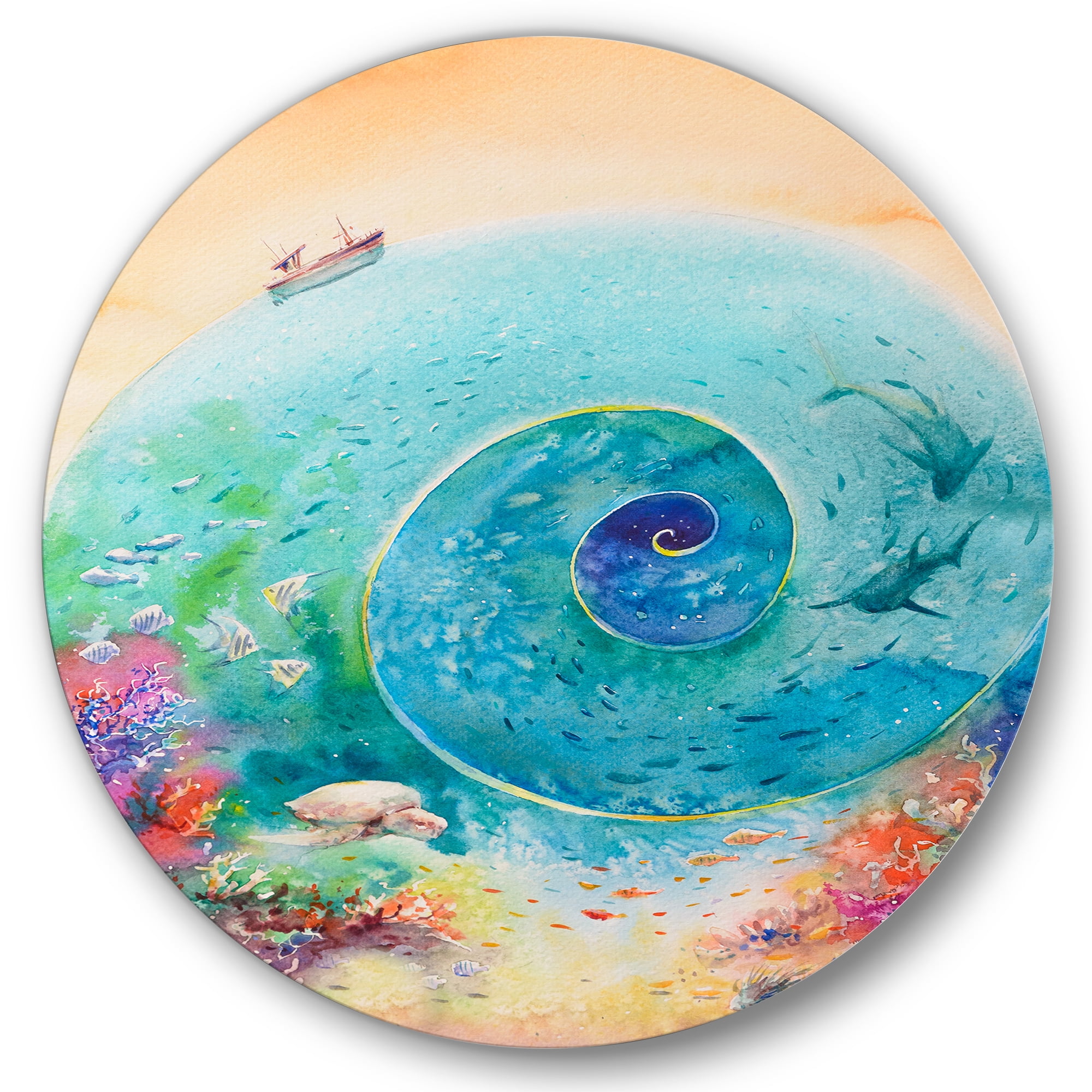 Designart 'Coral Reef Fishes With Turquoise Ocean Spiral' Nautical & Coastal Circle Metal Wall Art 36x36 - Disc of 36
