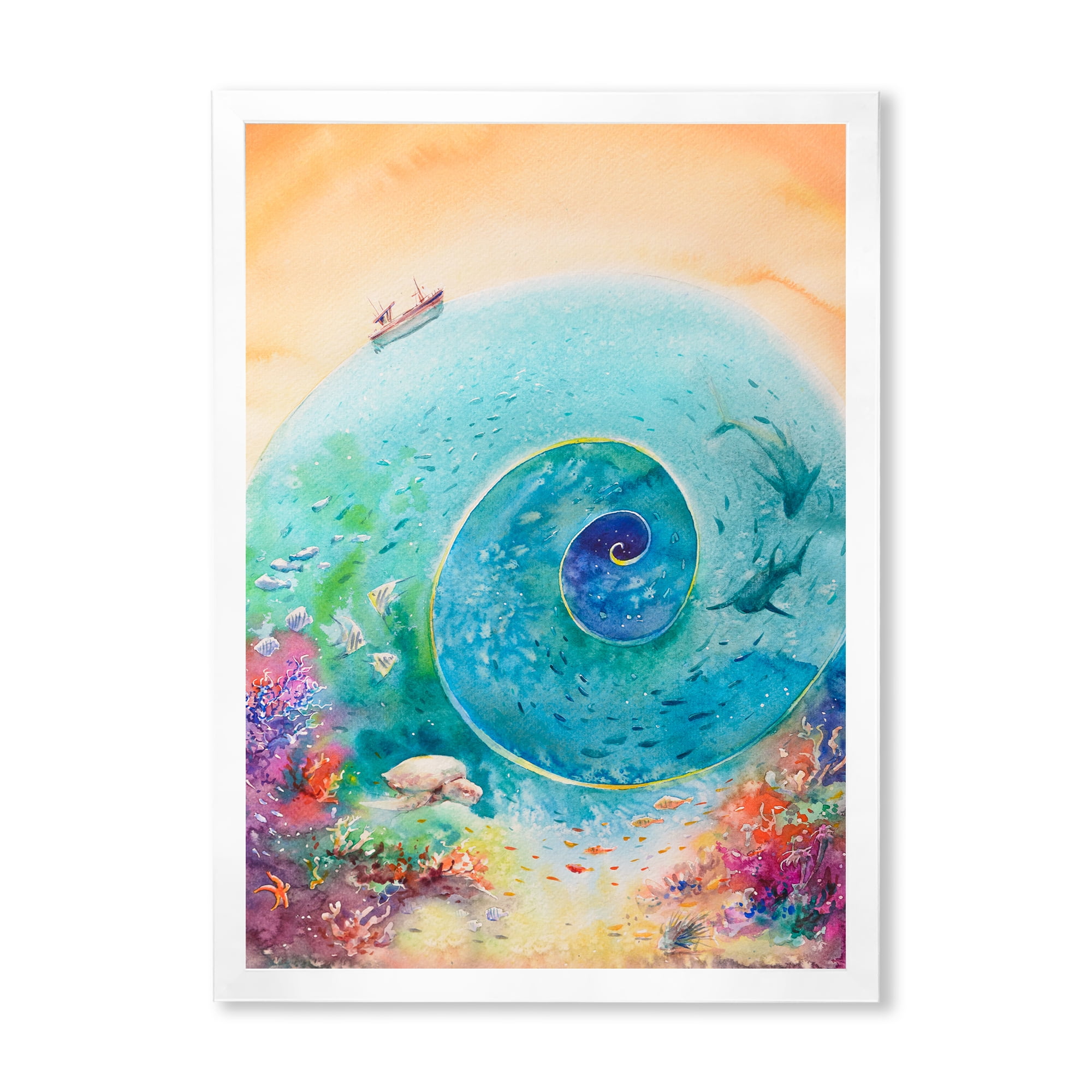 Designart 'Coral Reef Fishes With Turquoise Ocean Spiral' Nautical & Coastal Framed Art Print