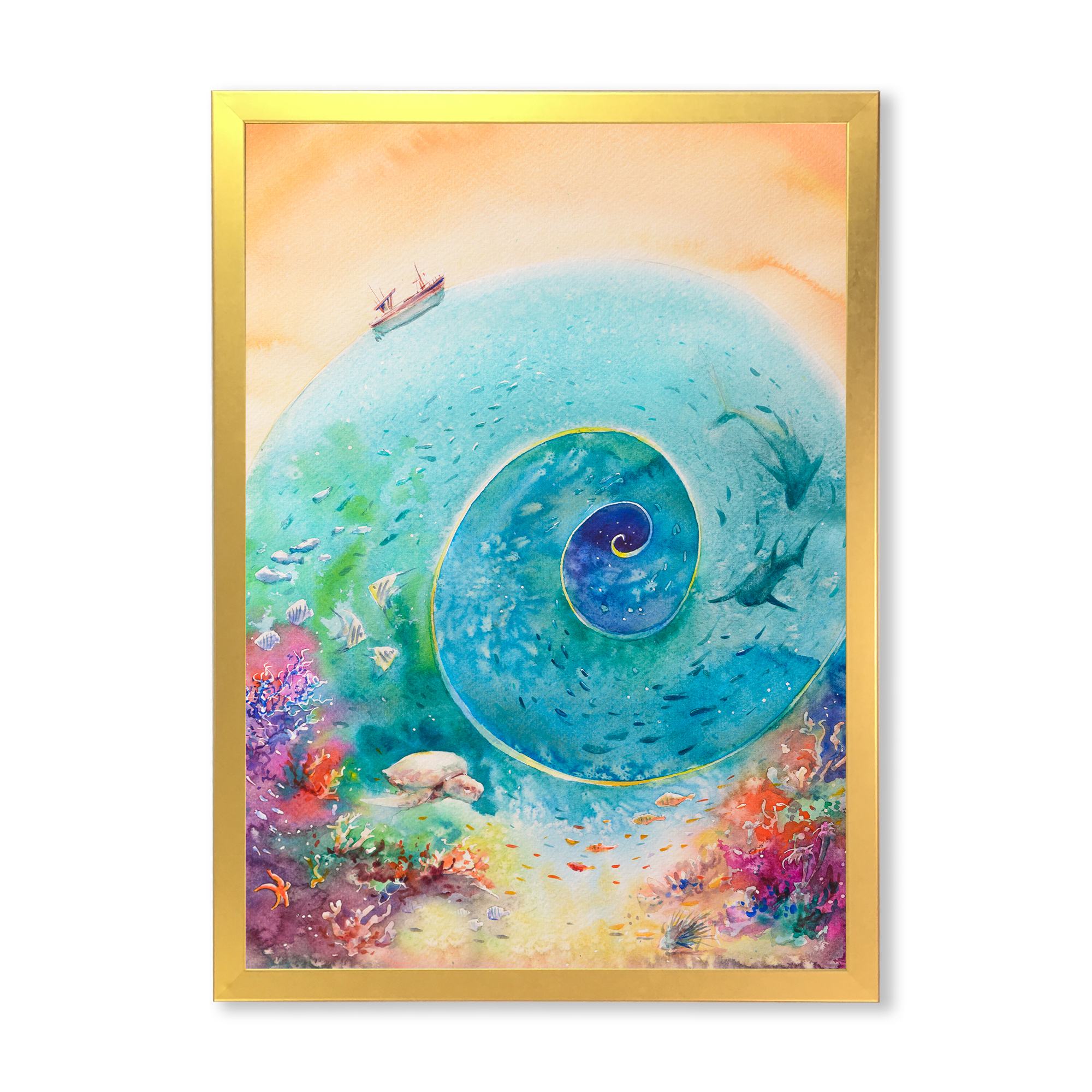 Designart 'Coral Reef Fishes With Turquoise Ocean Spiral' Nautical & Coastal Framed Art Print