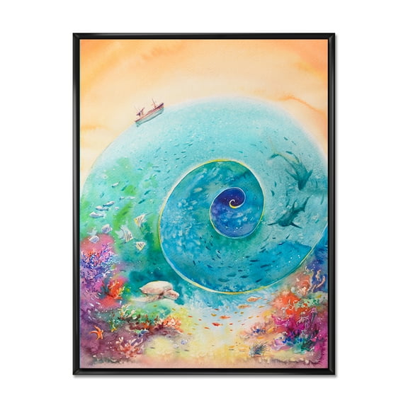 Designart 'Coral Reef Fishes With Turquoise Ocean Spiral' Nautical & Coastal Framed Canvas Wall Art Print