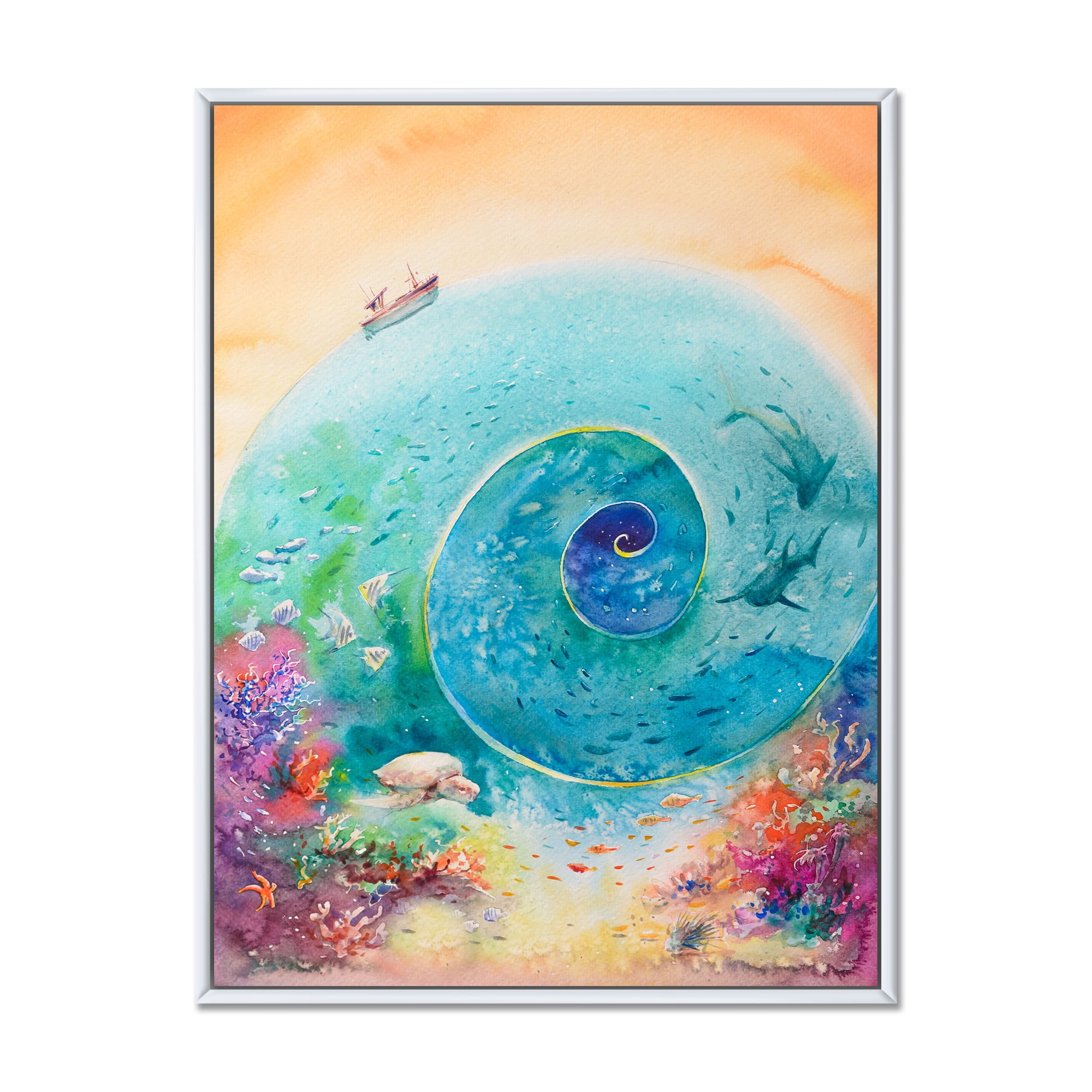 Designart 'Coral Reef Fishes With Turquoise Ocean Spiral' Nautical & Coastal Framed Canvas Wall Art Print