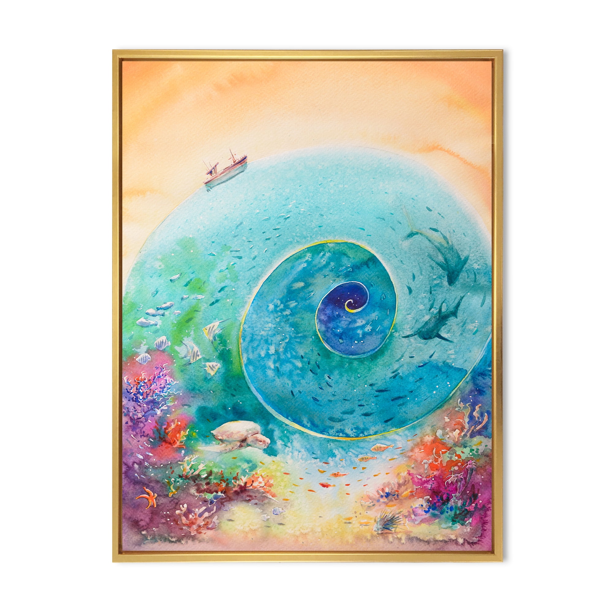 Designart 'Coral Reef Fishes With Turquoise Ocean Spiral' Nautical & Coastal Framed Canvas Wall Art Print