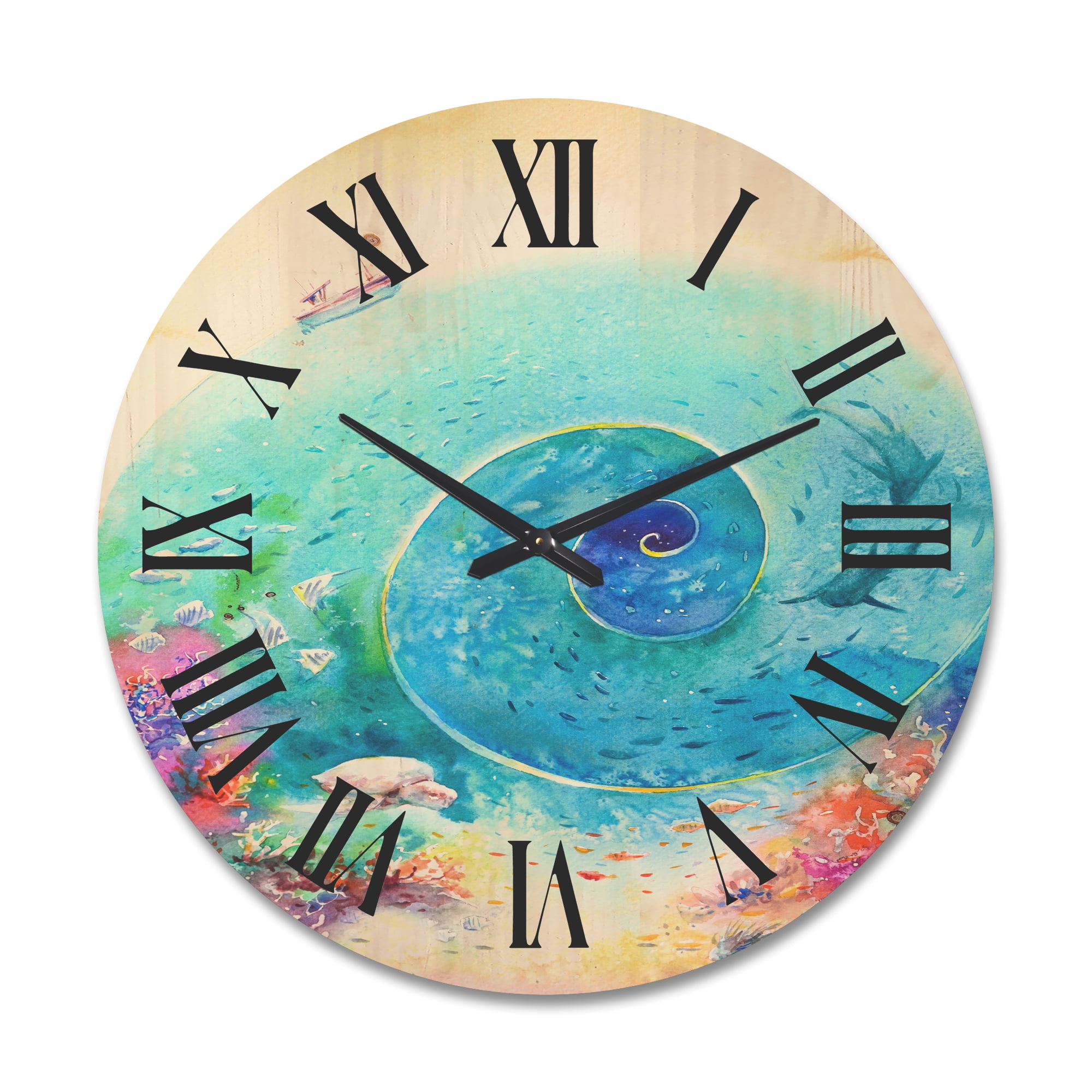 Designart 'Coral Reef Fishes With Turquoise Ocean Spiral' Nautical & Coastal Wood Wall Clock