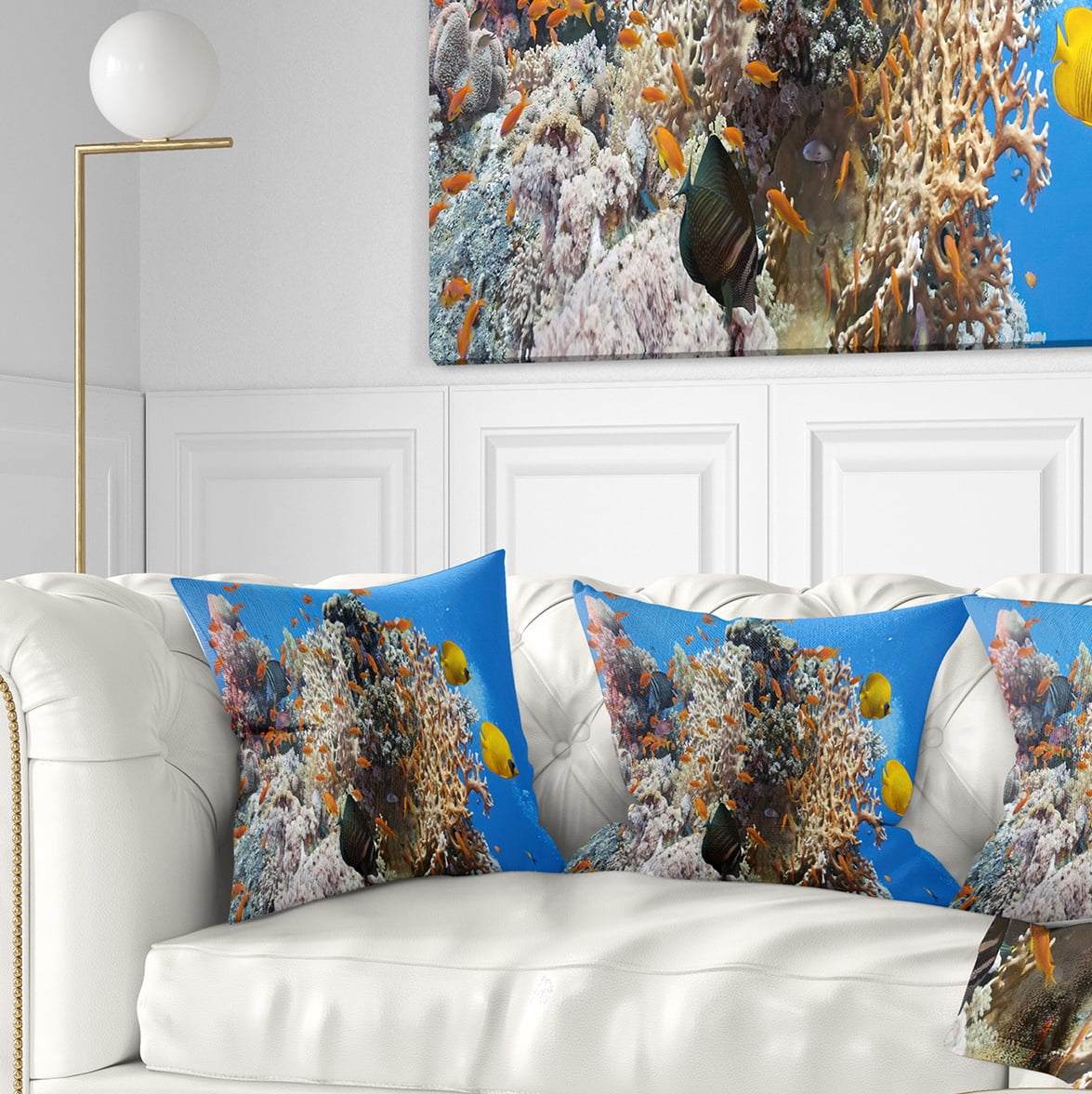 Designart Coral Scene Panorama - Photography Throw Pillow - 18x18