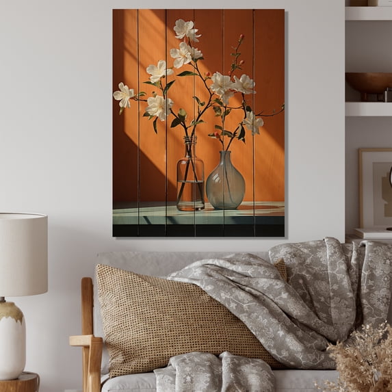 Designart "Coral Simplicity Sunlife" Abstract Still Lifes Print on Natural Pine Wood