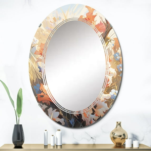 Designart "Coral White Pencil Strokes Bouquet Flowers Graceful Composition" Floral Round Wall Mirror - Traditional Oval Printed Decorative Oversized Mirror - Multiple Color Options