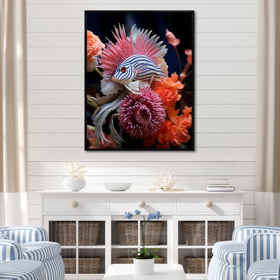 Designart "Coral Wonders with Orange Butterfly Fish III" Animals Framed Wall Art - Modern Pink Butterfly Fish Living Room Framed Canvas Art