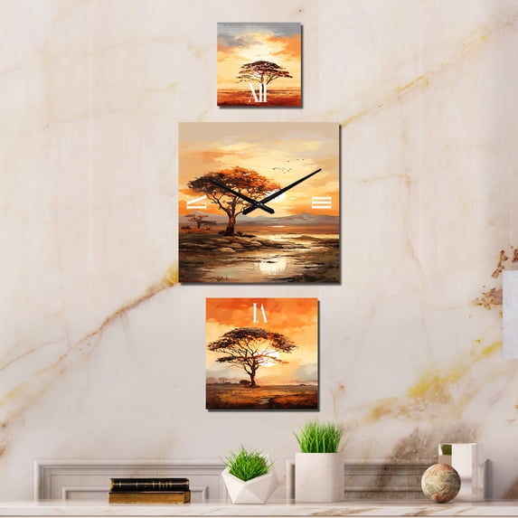 Designart "Core of African Flora" Trees Oversized Wall Clock - Set Of 3 - Extra large Clock For Office Décor - Large Traditional Wall Clock