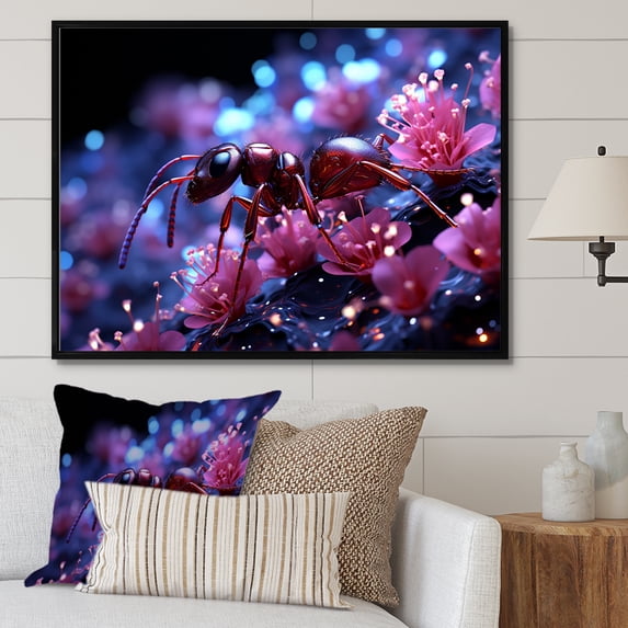 Designart "Cosmic Antics Of A Celestial Purple Ant" Animals Ant Floater Framed Wall Art Prints