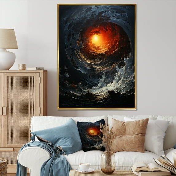 Designart "Cosmic Curl Spiral In Black And Red" Abstract Spirals Floater Framed Wall Art Living Room