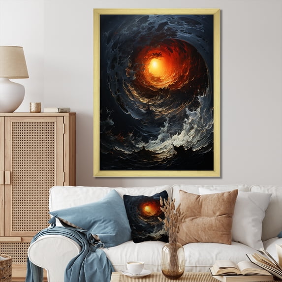 Designart "Cosmic Curl Spiral In Black And Red" Abstract Spirals Picture Framed Wall Art Living Room