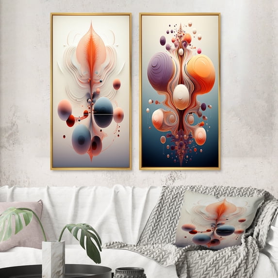 Designart "Cosmic Flux Abstract Multiverse Metamorphosis I" Abstract Shapes Framed Wall Art Set Of 2 - Transitional Orange Framed Canvas Set For Living Room Decor